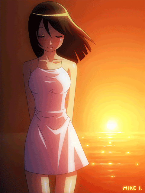 Картинка девочка на фоне заката в стиле аниме