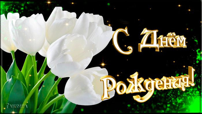 Мерцающая открытка с поздравлениями и пожеланиями на день Рождения женщине! Белые тюльпаны.