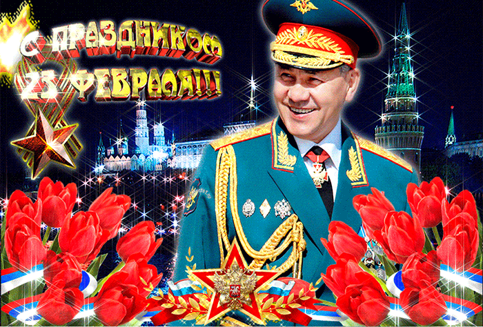 Прикольная анимированная гиф картинка с Шойгу на 23 февраля.