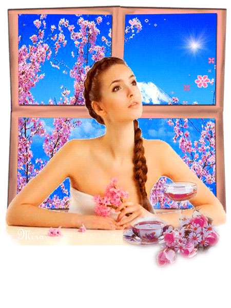 Гиф Девушка за столом встречает весеннее утро