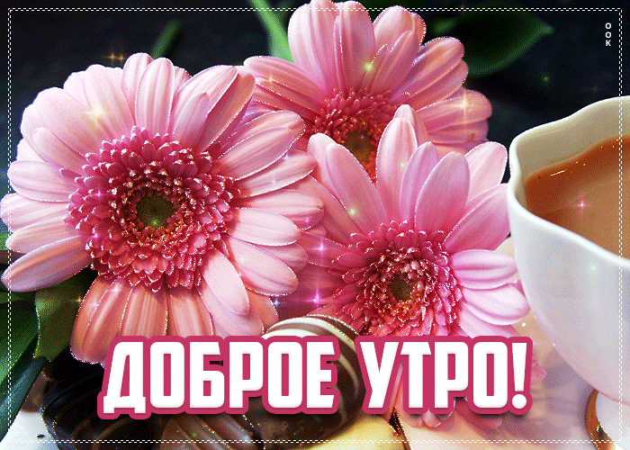 Красивая мерцающая открытка с надписью с добрым утром и красивыми цветами!