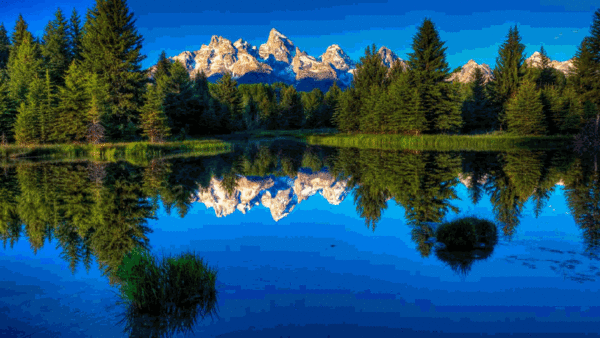 Очень красивая gif картинка лес на фоне гор и озера Очень красивая gif картинка лес на фоне гор и озера