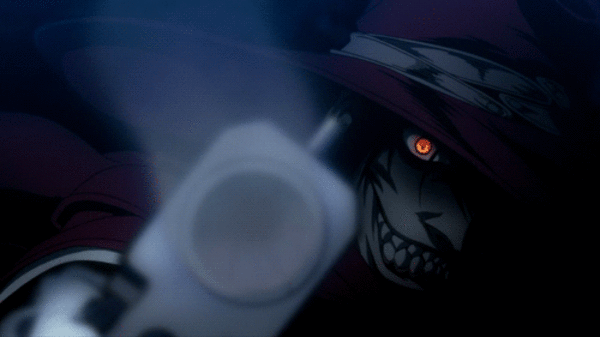 Аниме гифка Алукард стреляет с пистолета. Аниме гифка Алукард стреляет с пистолета.