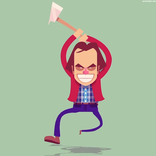 Анимированный мужчина из фильма Сияние бежит с топором над головой Анимированный мужчина из фильма Сияние бежит с топором над головой