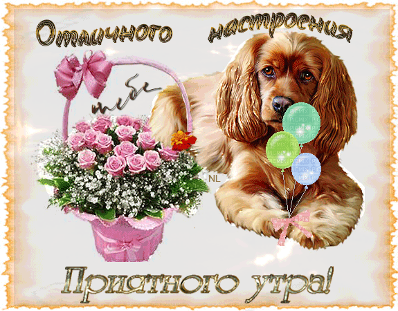 Лежащая светло-коричневая собака с длинными ушами, держащая в передних лапах три воздушных шарика, рядом с корзиной (с ручкой и завязанным на ней розовым бантом) с розовыми розами и мелкими белыми цветочками. Светло-серый анимированный фон, обрамленный светло-коричневой рамочкой. Лежащая светло-коричневая собака с длинными ушами, держащая в передних лапах три воздушных шарика, рядом с корзиной (с ручкой и завязанным на ней розовым бантом) с розовыми розами и мелкими белыми цветочками. Светло-серый анимированный фон, обрамленный светло-коричневой рамочкой.