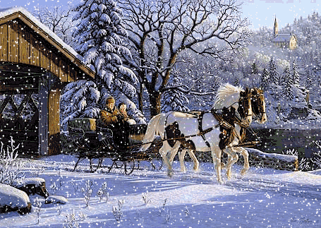 Гифка для поднятия зимнего настроения с лошадьми и падающим белым снегом, gif открытка зимы!