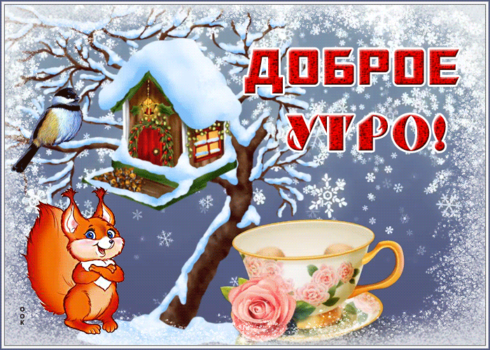 Новая Открытка доброе утро со снегом, котёнком и белочкой! Новая Открытка доброе утро со снегом, котёнком и белочкой!