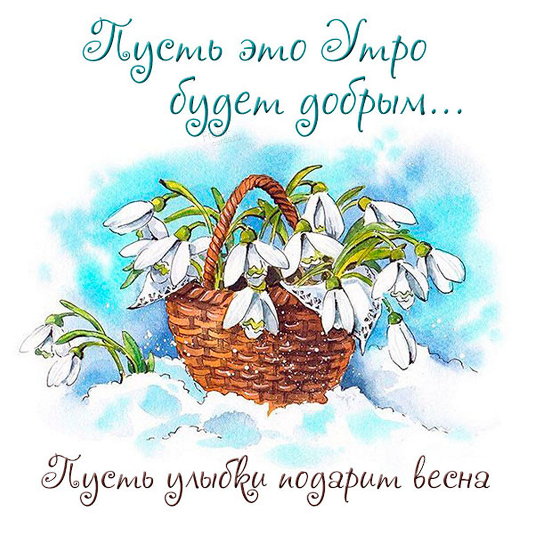 Пусть это утро будет добрым... Пусть улыбки подарит весна! Картинка с корзинкой подснежников! Пусть это утро будет добрым... Пусть улыбки подарит весна! Картинка с корзинкой подснежников!