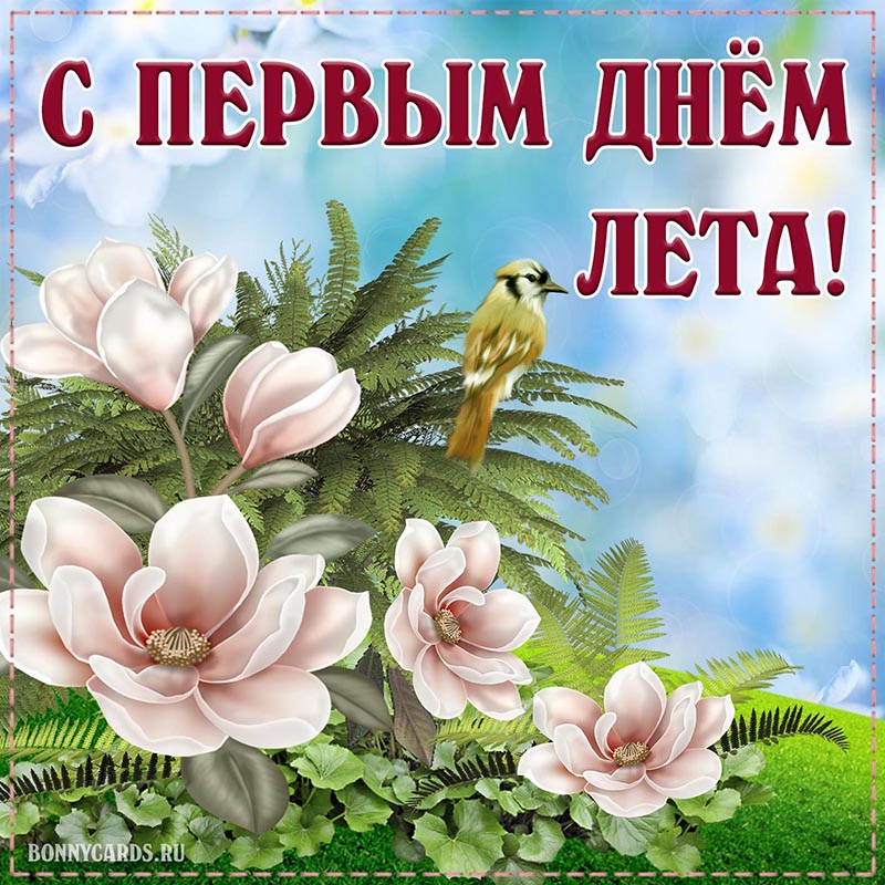 Открытка с первым днём лета с цветами и птичкой.