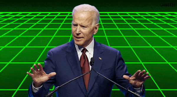 Креативная гифка Джо Байден в статичной позе на фоне надвигающейся зеленой сетки.