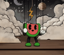 Гифка Танцующая арбузная марионетка с грозовым небом на сцене. Гифка Танцующая арбузная марионетка с грозовым небом на сцене.