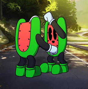 Два ломтика арбуза танцуют напротив друг друга на дороге Два ломтика арбуза танцуют напротив друг друга на дороге