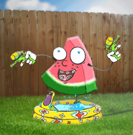 Смешная картинка Арбуз с водяными пистолетами танцует в маленьком надувном бассейне. Смешная картинка Арбуз с водяными пистолетами танцует в маленьком надувном бассейне.