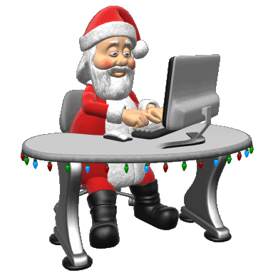 Гиф открытка дед мороз работает за компьютером.