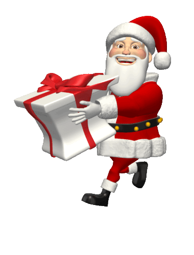 Гифка Дед Мороз несёт подарок на белом фоне.