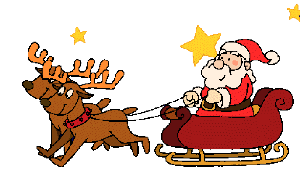 Анимация дед мороз в сонях с оленями.