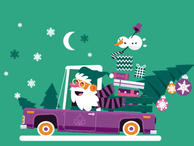 Крутая арт анимация Санта Клаус мчится на машине с подарками, снеговиком и ёлкой.