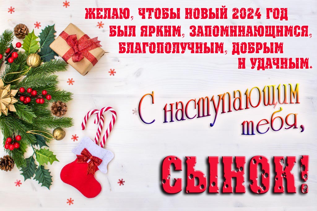 Желаю, чтобы новый 2024 год был ярким, запоминающимся, благополучным, добрым и удачным. С Наступающим тебя, Сынок!
