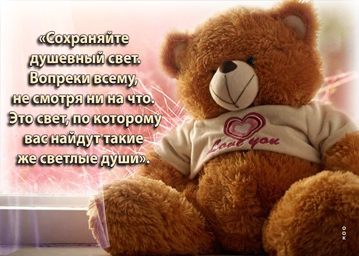 Гифка Заботливая открытка с мишкой Сохраняйте душевный свет!
