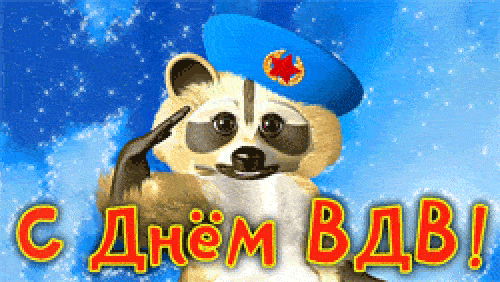 Прикольная гиф открытка с енотом десантником в день ВДВ.