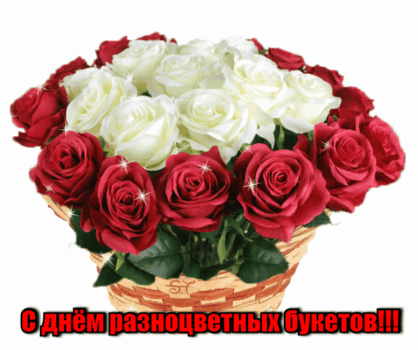 Гиф стикер с корзиной красных и белых роз для поздравления с днём разноцветных букетов. Гиф стикер с корзиной красных и белых роз для поздравления с днём разноцветных букетов.