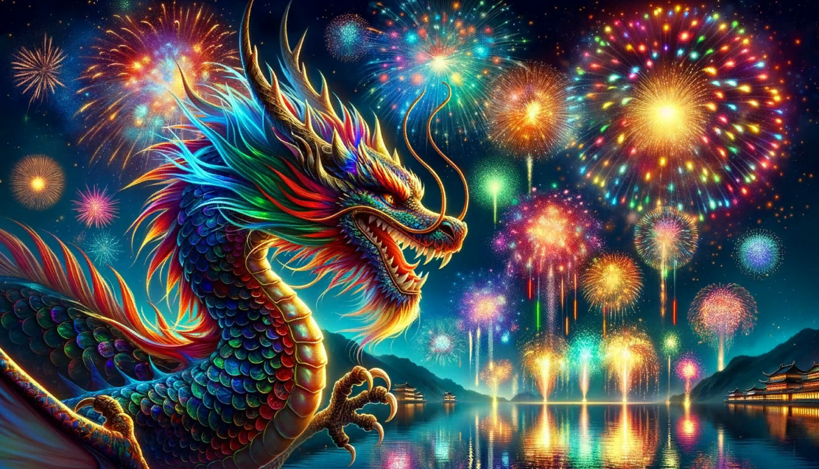 Классная картинка с разноцветным драконом и салютами на Китайский Новый год 10 февраля 2024. Классная картинка с разноцветным драконом и салютами на Китайский Новый год 10 февраля 2024.