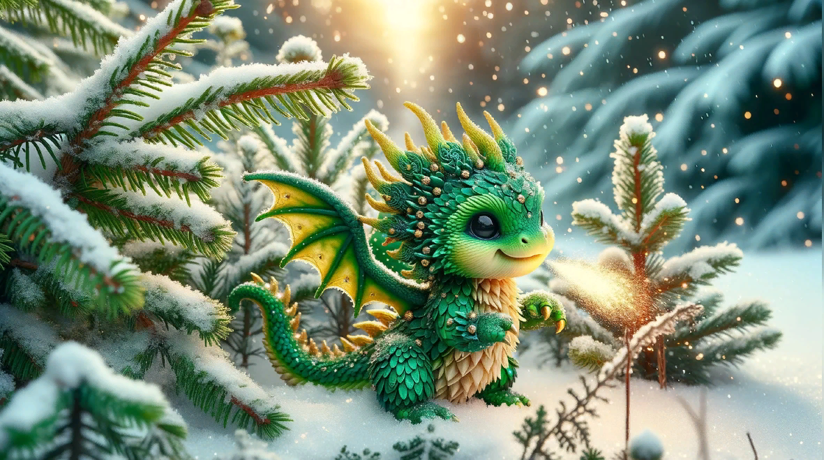 Невероятно красивый зелёный дракон в сказочном зимнем лесу. Невероятно красивый зелёный дракон в сказочном зимнем лесу.