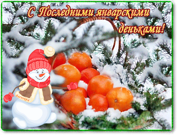 Прикольная открытка со снеговиком и мандаринами на последние Январские денёчки. Прикольная открытка со снеговиком и мандаринами на последние Январские денёчки.