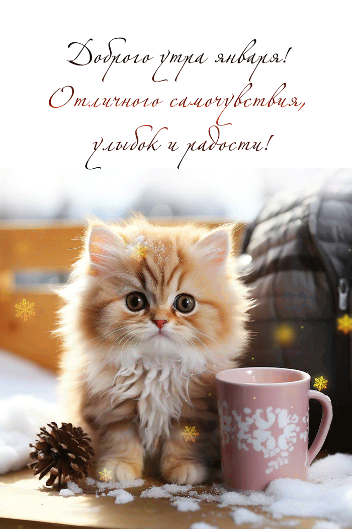 Красивая зимняя gif картинка с пожеланием доброго Январского утра с котиком.