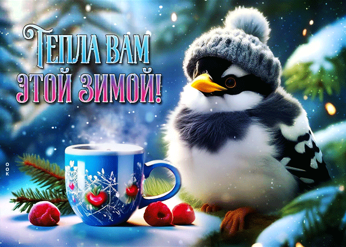 Зимняя анимация с птичкой с блеском снежинок, Тепла вам этой зимой.