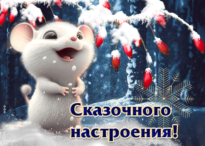 Смешная гифка с мышонком, сказочного зимнего настроения.