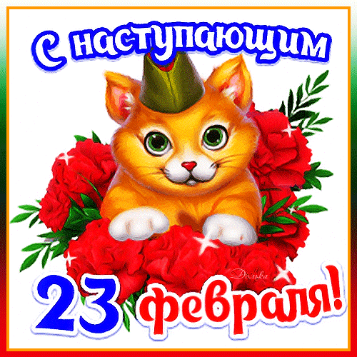Анимированный gif стикер с котом к наступающему 23 февраля.