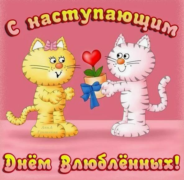 Нежная открытка с котиками и поздравлением "С наступающим днём Влюблённых!".