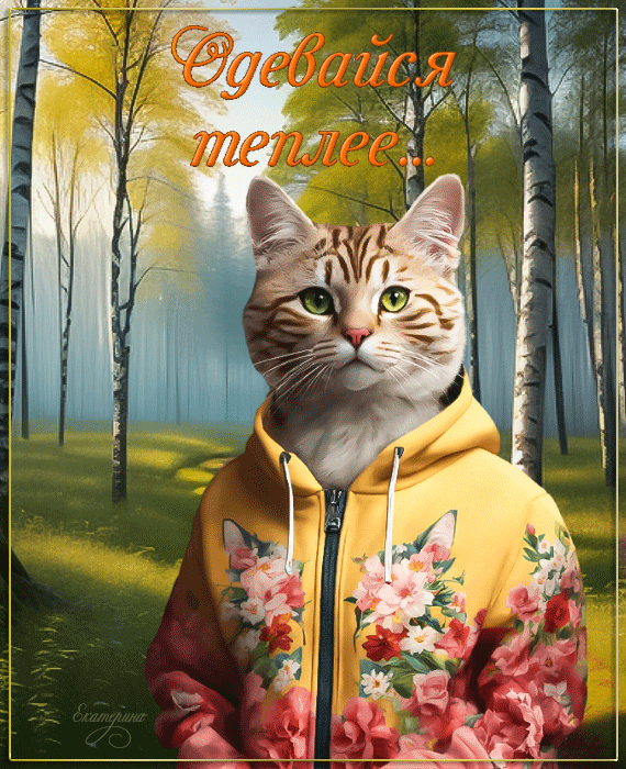 Невероятно красивая весенняя gif картинка с котиком в лесу и надписью "Одевайся теплее...!".