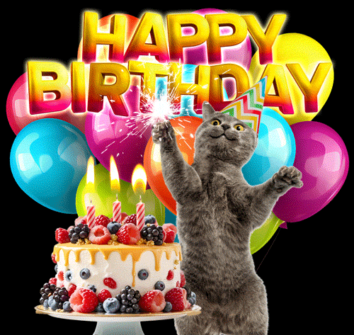 Смешная гиф открытка с котиком с бенгальским огнём на фоне торта и воздушных шаров ко дню рождения. Смешная гиф открытка с котиком с бенгальским огнём на фоне торта и воздушных шаров ко дню рождения.