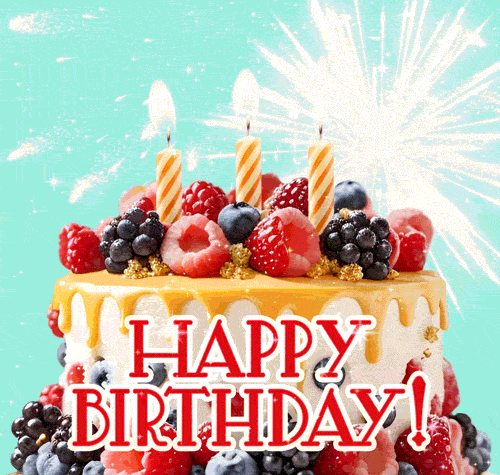Гифка Белый кремовый торт на день рождения со свежими сочными ягодами, зажженными свечами и праздничным фейерверком, надпись на английском языке. Гифка Белый кремовый торт на день рождения со свежими сочными ягодами, зажженными свечами и праздничным фейерверком, надпись на английском языке.