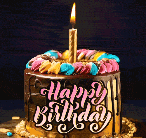 Гифка Шоколадный праздничный торт, украшенный золотыми украшениями, яркой посыпкой и светящейся свечой сверху на днюху. Гифка Шоколадный праздничный торт, украшенный золотыми украшениями, яркой посыпкой и светящейся свечой сверху на днюху.