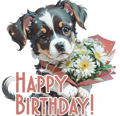 Мерцающая gif картинка к дню рождения Милый щенок держит в лапах букет белых ромашек. Мерцающая gif картинка к дню рождения Милый щенок держит в лапах букет белых ромашек.