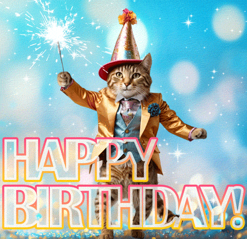 Гифка с Днём Рождения — смешной кот в красивом костюме, машет бенгальским огнём. Гифка с Днём Рождения — смешной кот в красивом костюме, машет бенгальским огнём.