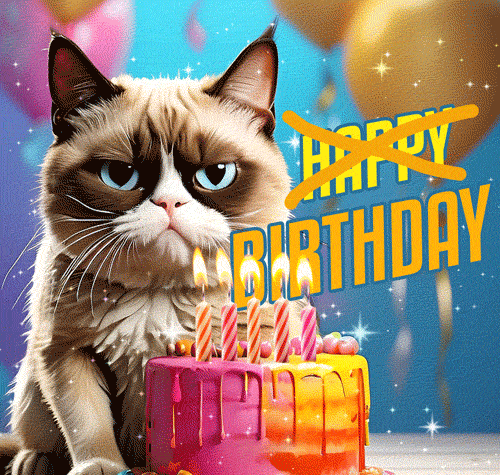 Гифка с грустным котом на день рождения в юмористической манере. Гифка с грустным котом на день рождения в юмористической манере.
