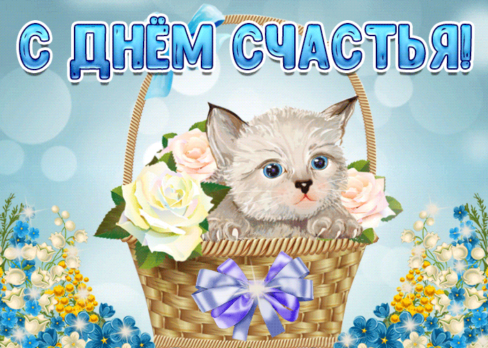 Красивая гифка с котёнком в корзинке на фоне цветов для счастья.