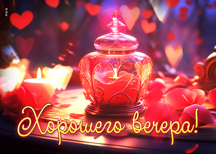 Весна - время любви, открытка с сердечками и надписью "Хорошего вечера!".