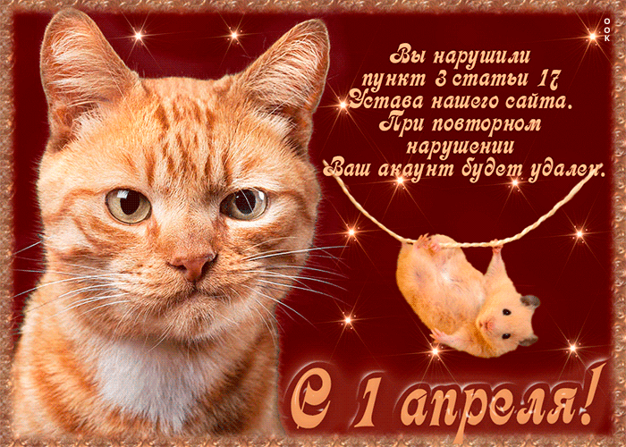 Суровый, но забавный котик поздравляет с 1 апреля смешной шуткой. Суровый, но забавный котик поздравляет с 1 апреля смешной шуткой.