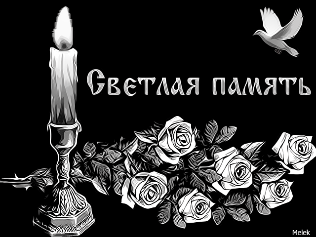 Чёрно - белая анимация с надписью "Светлая память" с цветами, свечой и голубем мира.