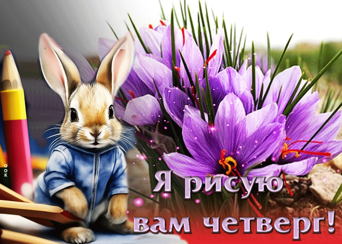 Весенняя гифка с зайкой и цветами, который рисует весенний четверг. Весенняя гифка с зайкой и цветами, который рисует весенний четверг.