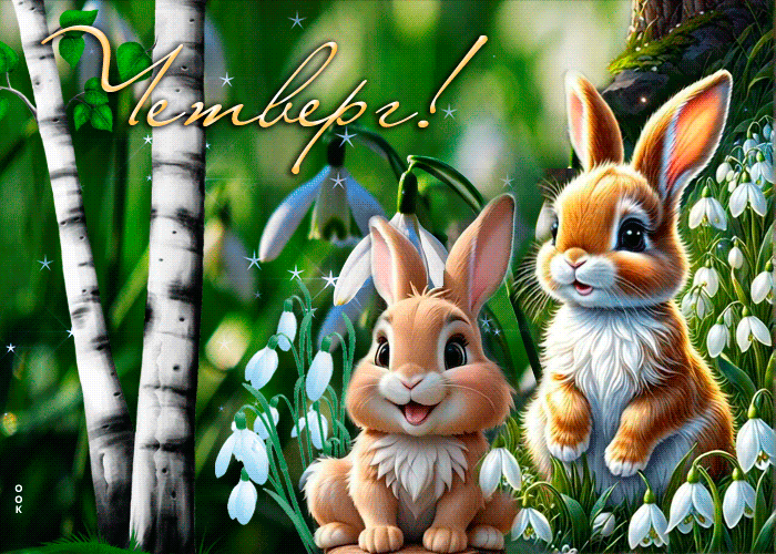 Красивая гифка с зайцами в подснежниках, Четверг. Красивая гифка с зайцами в подснежниках, Четверг.