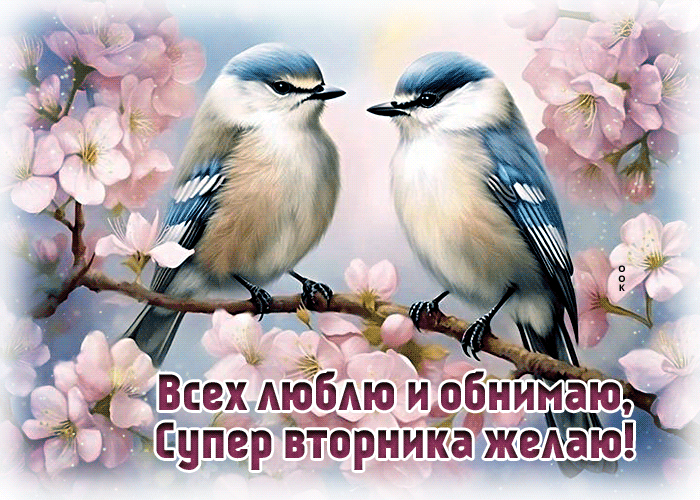 Красивая весенняя гифка с птичками и пожеланием суперского вторника. Красивая весенняя гифка с птичками и пожеланием суперского вторника.