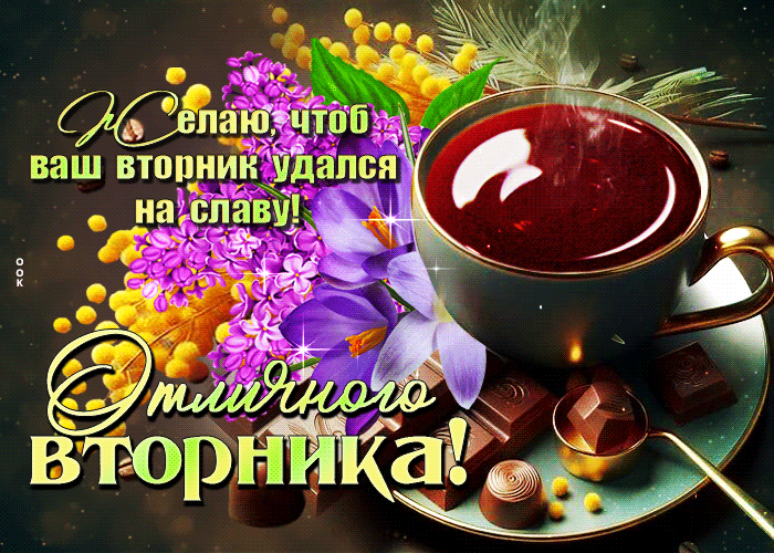 Красивая гифка отличного вторника с кофе и весенними цветами. Красивая гифка отличного вторника с кофе и весенними цветами.