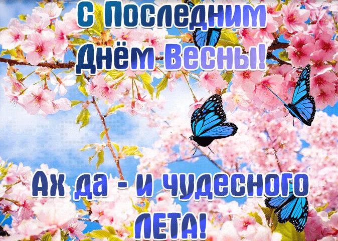 Красивая мерцающая gif картинка с цветами и надписью "С последним днём Весны! Ах, да - чудесного Лета!". Красивая мерцающая gif картинка с цветами и надписью "С последним днём Весны! Ах, да - чудесного Лета!".