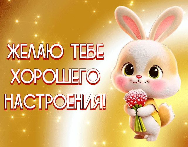 Сияющая гифка с надписью "Желаю тебе хорошего настроения!" с зайкой.